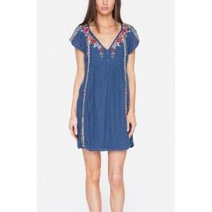 Johnny Was 3J Workshop Natalya Cap Sleeve Pintuck Dress Sz M Navy Lined